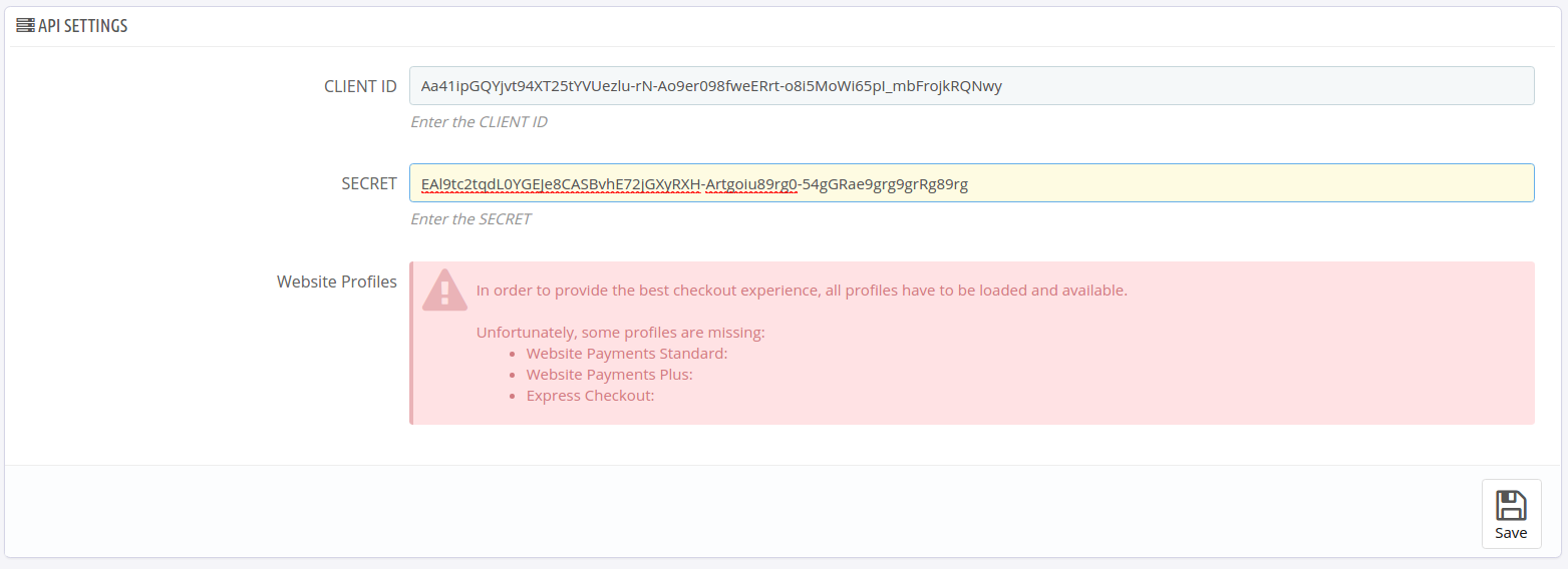 PayPal API settings